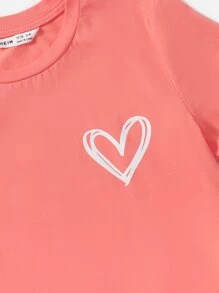 SHEIN Tween Girl Short Sleeve Knit Heart Pattern T-Shirt With Round Neck - Coral Pink - View 4