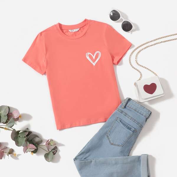 

Girls Heart Print Tee, Coral pink