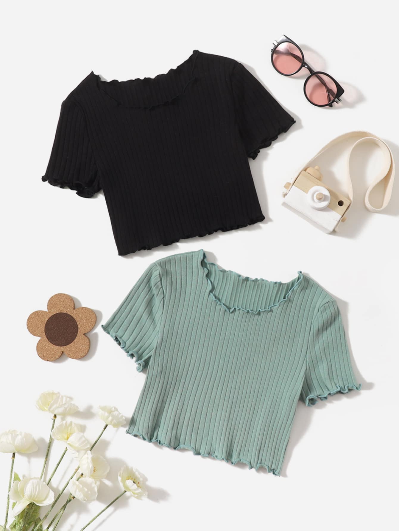 SHEIN Tween Girls 2 Packs Lettuce Trim Tee - Multicolor - View 1