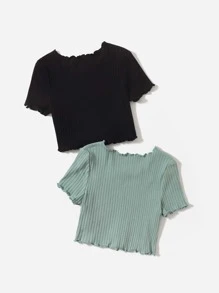 SHEIN Tween Girls 2 Packs Lettuce Trim Tee - Multicolor - View 2