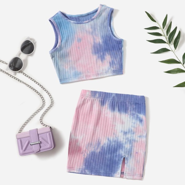 

Girls Tie Dye Rib-knit Tank Top & Split Hem Skirt Set, Multicolor