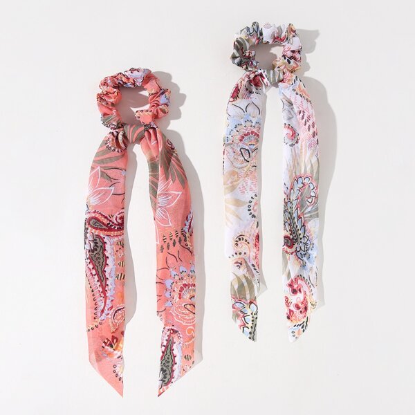 

2pcs Flower Print Scarf Hair Tie, Multicolor