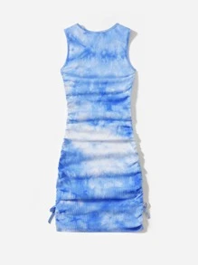 SHEIN Chicas adolescentes vestido de tie dye con fruncido con cordón - Azul - Ver 2