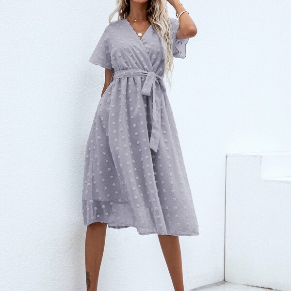 

Swiss Dot Surplice Belted Dress, Grey