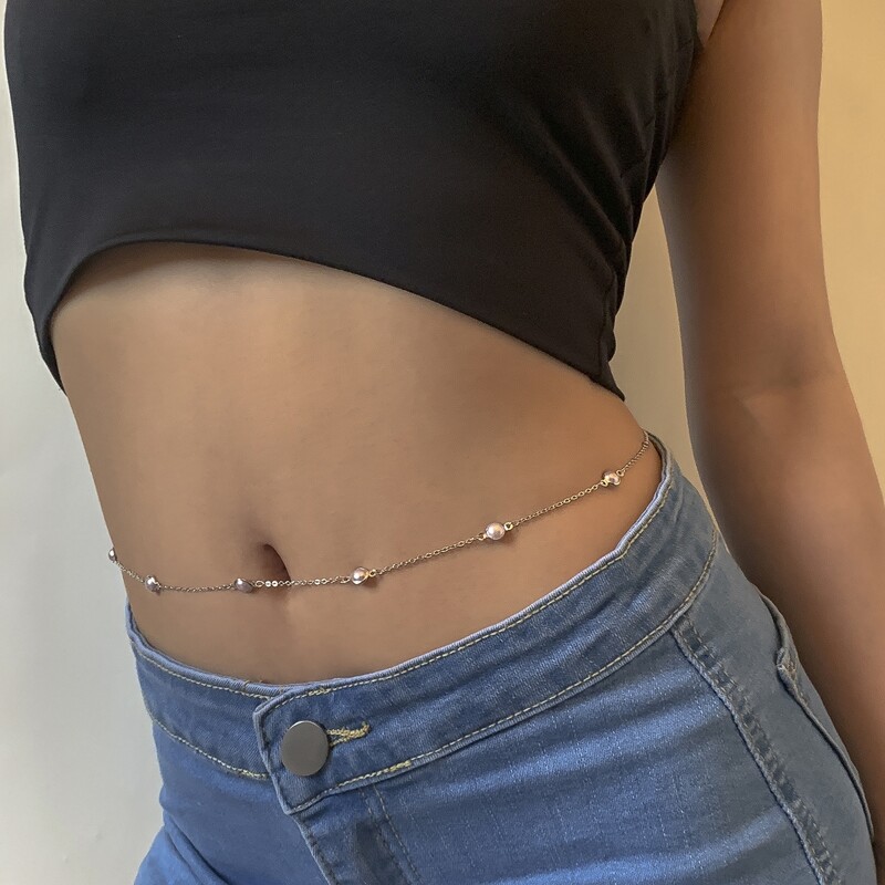 

Faux Pearl Decor Waist Chain, Silver