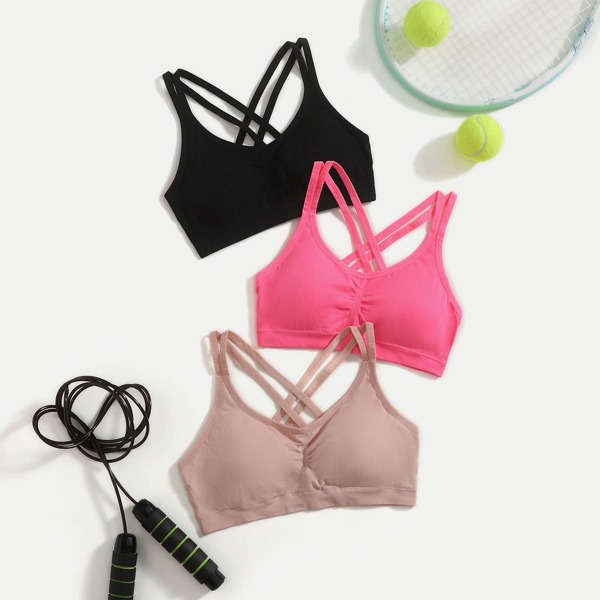 

3 Pack Solid Crisscross Sports Bra, Multicolor