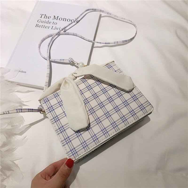

Plaid Pattern Satchel Bag, White