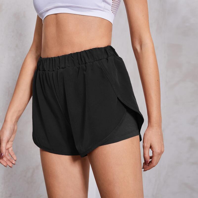 

Elastic Waist 2 In 1 Dolphin Sports Shorts, Black