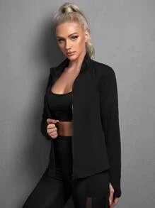 Easithlete Solid Zip Up Sports Jacket With Thumb Holes - Black - View 4