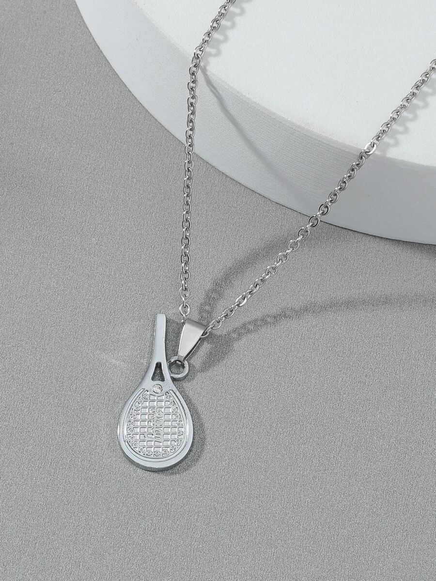 Men Tennis Racket Pendant Necklace - Silver - View 1