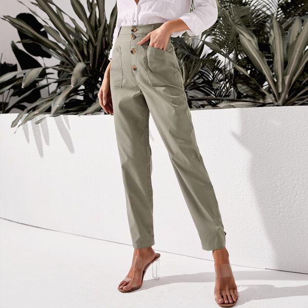 

High Waist Single Breasted Dual Pocket Pants, Khaki