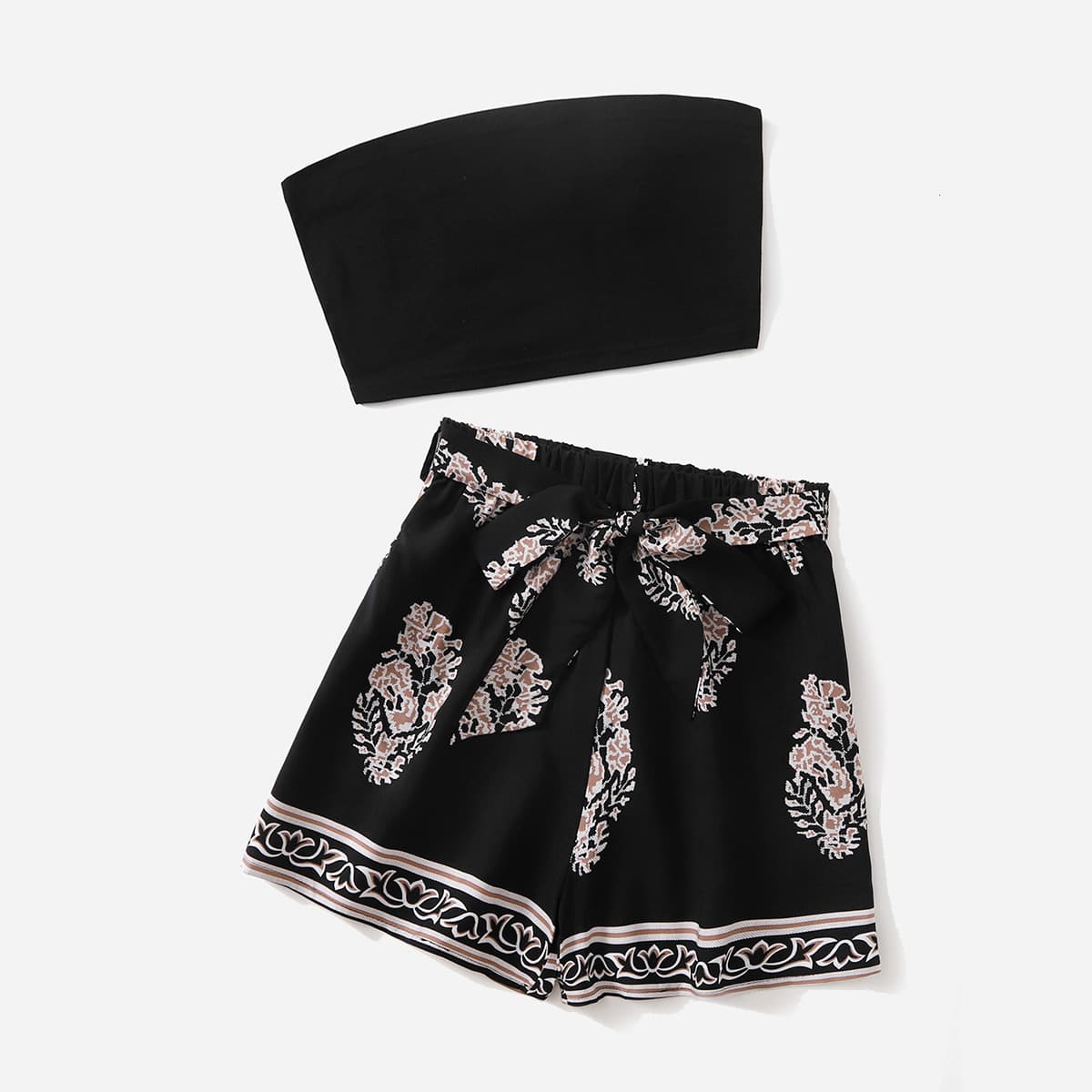 

Solid Crop Tube Top & Floral Graphic Belted Shorts, Black