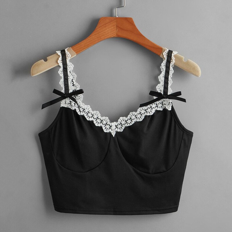 

Contrast Lace Bow Crop Cami, Black