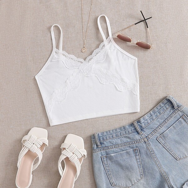

Solid Lace Panel Cami Top, White