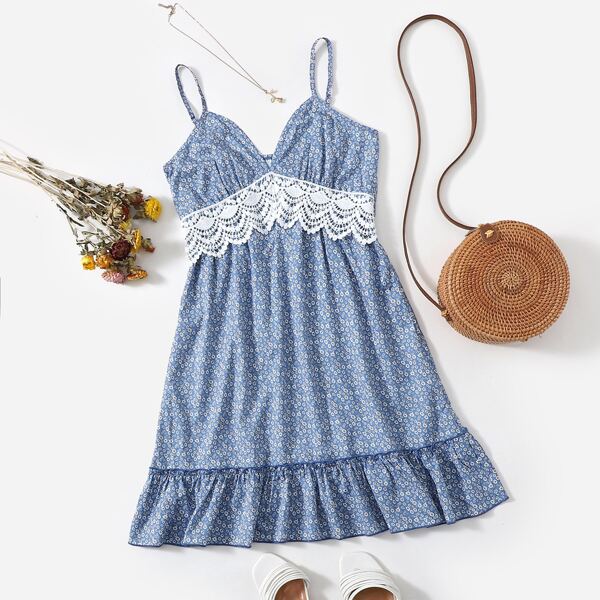 

Ditsy Floral Print Lace Panel Ruffle Hem Cami Dress, Blue