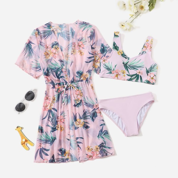 

3pack Girls Floral & Leaf Print Bikini Swimsuit & Cover Up, Baby pink