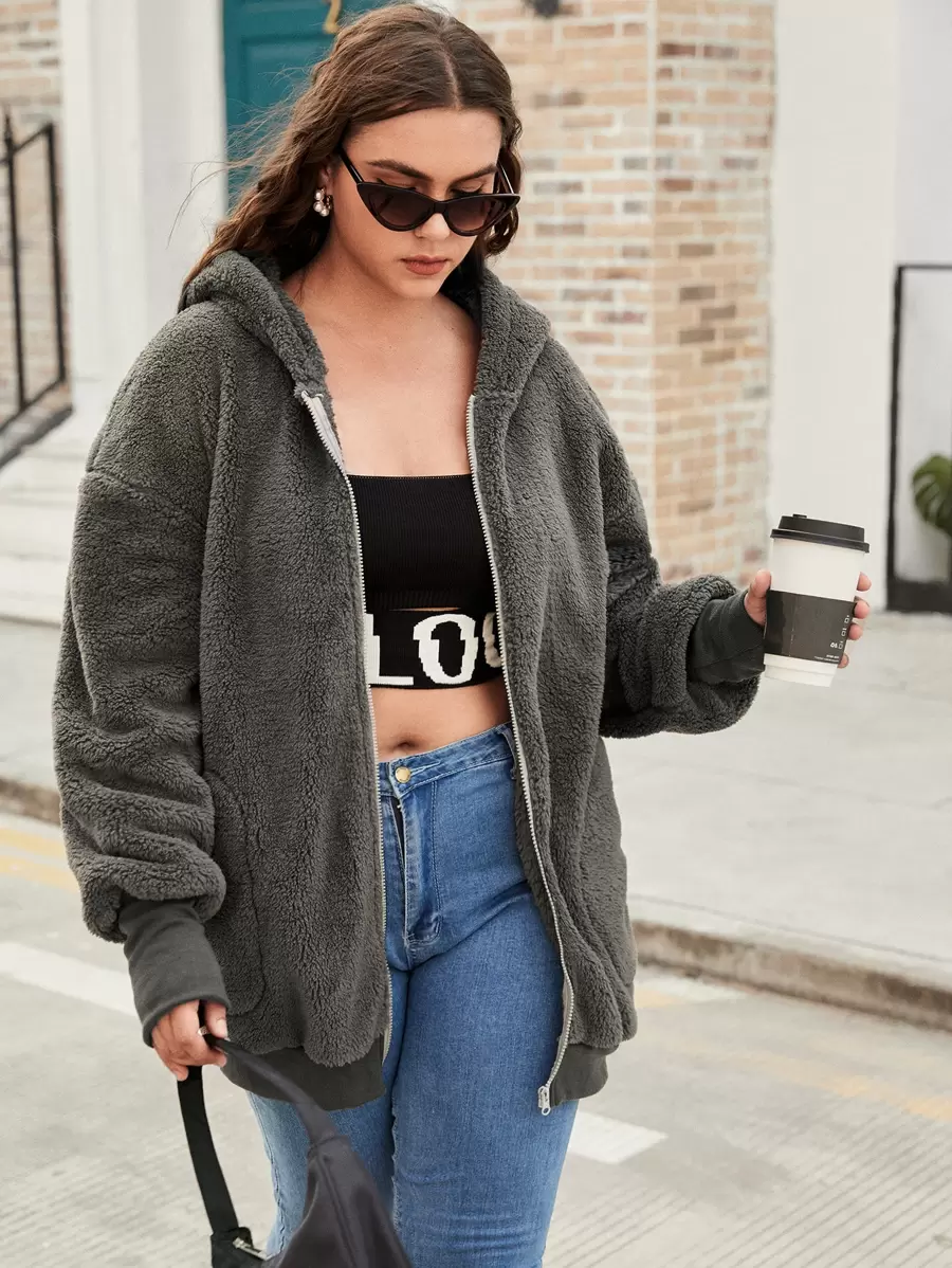 SHEIN EZwear Plus Drop Shoulder Hooded Flannel Jacket
