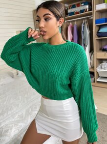 Chiquease 纯色罗纹针织落肩套头衫，秋冬款 - 綠色 - 查看 3