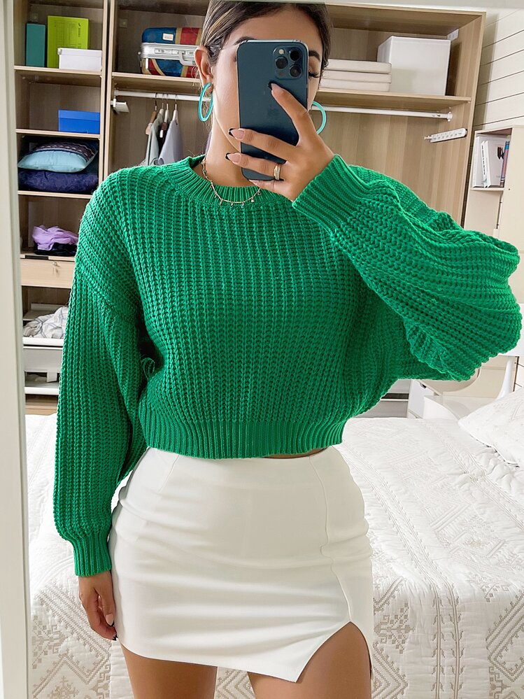 Chiquease Suéter de punto acanalado de hombros caídos, tejido de punto para otoño e invierno - Verde - Añade 7