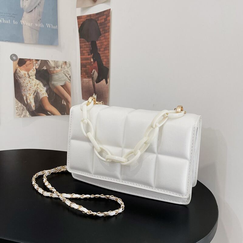 

Quilted Chain Satchel Bag, White