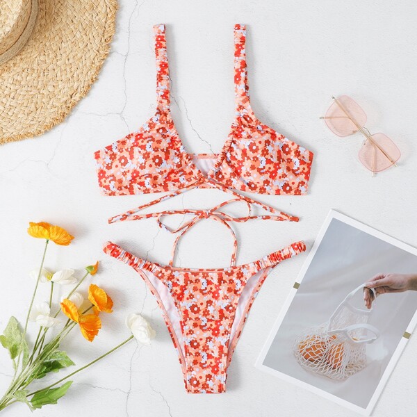 

Floral Thong Bikini Swimsuit, Multicolor