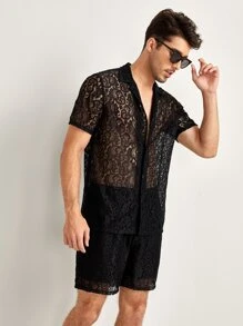 Manfinity Men Button Up Lace Shirt & Shorts - Black - View 4