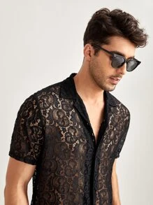 Manfinity Men Button Up Lace Shirt & Shorts - Black - View 5