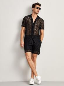 Manfinity Men Button Up Lace Shirt & Shorts - Black - View 6