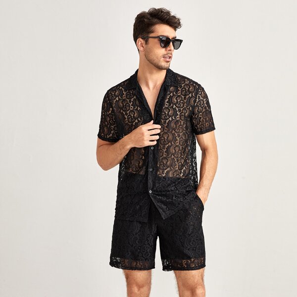 

Men Button Up Lace Shirt & Shorts, Black