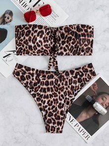 Leopard Keyhole Front High Waisted Bikini, For Summer Beach Vacation - Multicolor - View 6