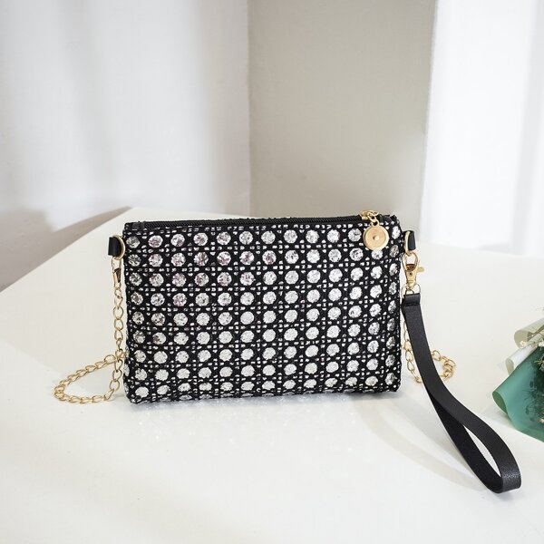 

Rhinestone Decor Chain Crossbody Bag, Black