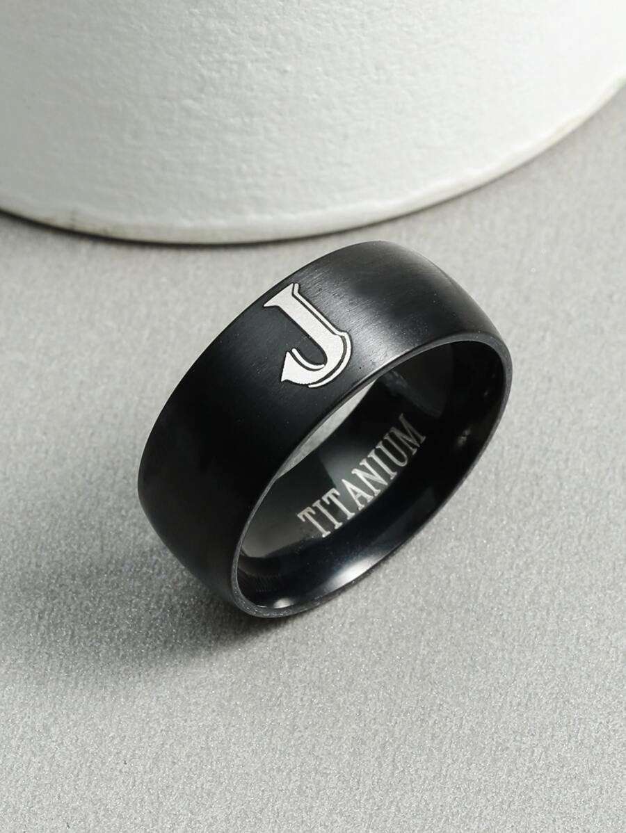 Anillo gráfico de letras para hombres de moda y popular de acero inoxidable para regalo de joyería y para una apariencia elegante - Negro - Ver 1