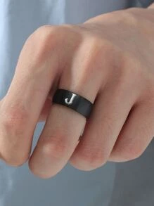 Anillo gráfico de letras para hombres de moda y popular de acero inoxidable para regalo de joyería y para una apariencia elegante - Negro - Ver 2