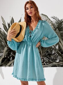 前繫帶褶邊A字洋裝 - 藍色 - 查看 6