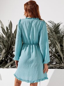 前繫帶褶邊A字洋裝 - 藍色 - 查看 2