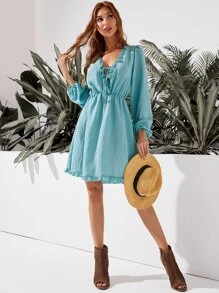 前繫帶褶邊A字洋裝 - 藍色 - 查看 7