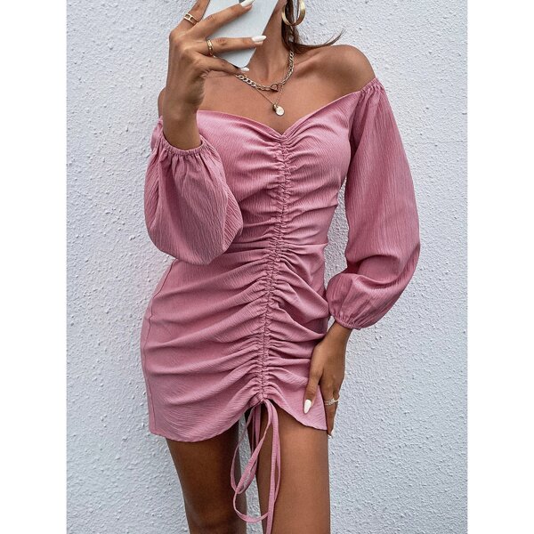 

Off Shoulder Ruched Drawstring Front Dress, Pink