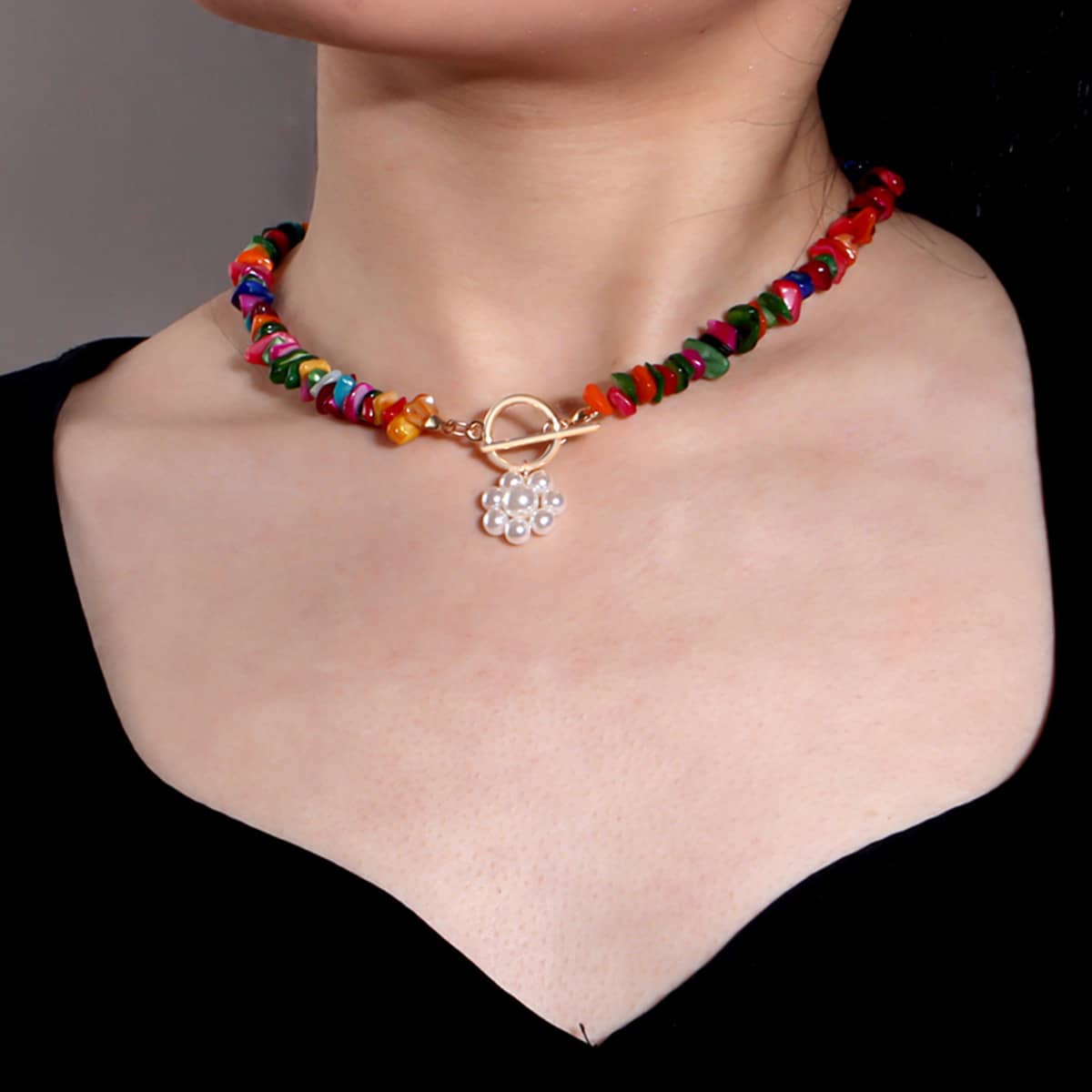 

Faux Pearl Pendant Beaded Necklace, Multicolor