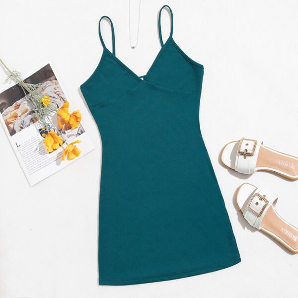 

Solid Ribbed Cami Dress, Teal blue