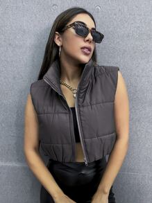 Zip Up Puffer Vest Coat - Dark Grey - View 2