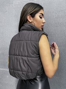 Zip Up Puffer Vest Coat - Dark Grey - View 3
