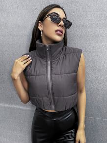 Zip Up Puffer Vest Coat - Dark Grey - View 5