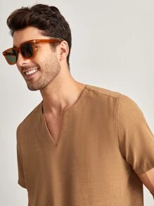 Manfinity NXTstreet 男士素色西裝領和下擺上衣 - 卡其色 - 查看 3