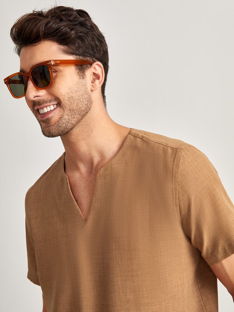 Manfinity NXTstreet 男士素色西裝領和下擺上衣 - 卡其色 - 查看 3