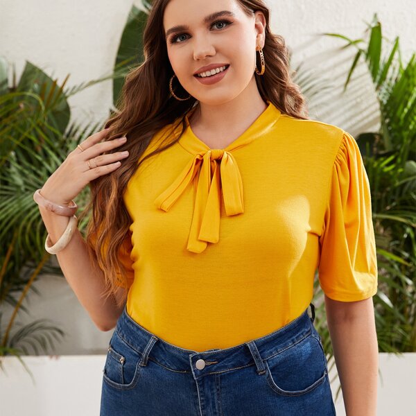 

Plus Solid Puff Sleeve Tie Neck Tee, Yellow