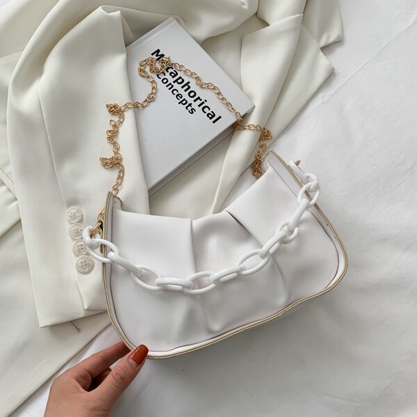 

Minimalist Ruched Design Chain Shoulder Bag, White