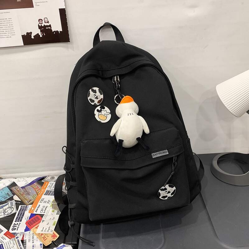 

Cartoon Charm Pocket Front Backpack, Black