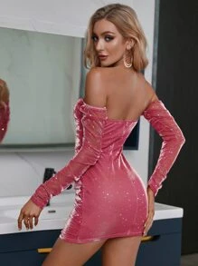 Double Crazy Off Shoulder Ruched Bodycon Sequins Mini Dress - Pink - View 2