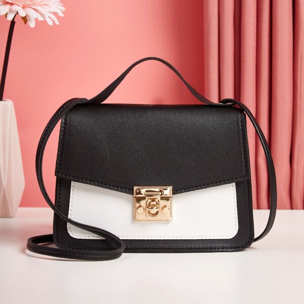

Colorblock Pattern Twist Lock Satchel Bag, Black