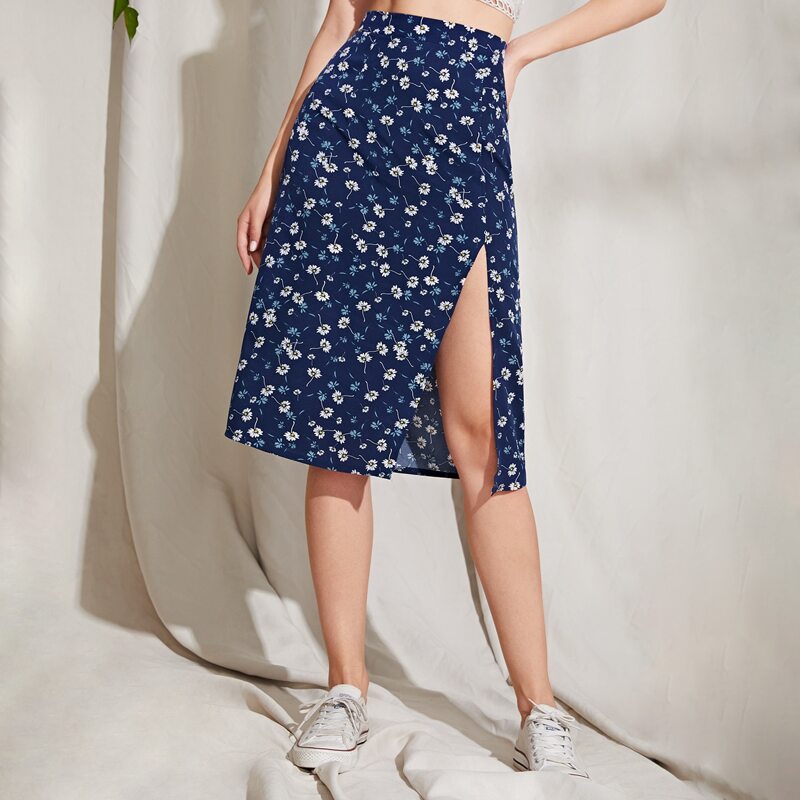 

Ditsy Floral Split Skirt, Navy blue